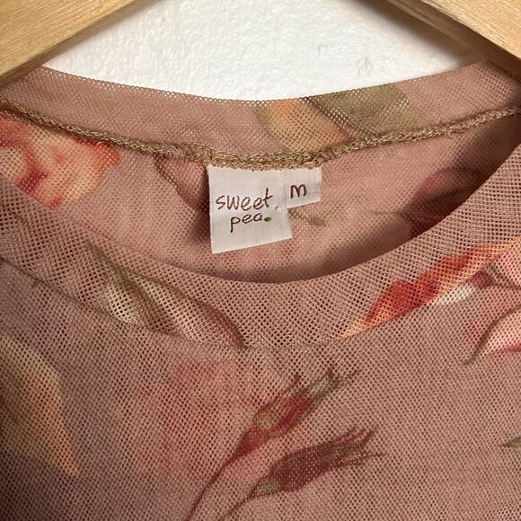 Vintage Sweet Pea Top Medium Mesh Y2K Floral Leaves Tan Fall Tan - Picture 4 of 5